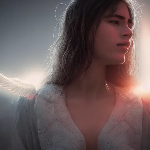Image similar to portrait art of female angel, art by alessio albi 8 k ultra realistic, angel wings, lens flare, atmosphere, glow, detailed, intricate, full of colour, led lighting, trending on artstation, 4 k, hyperrealistic, focused, extreme details, unreal engine 5, masterpiece