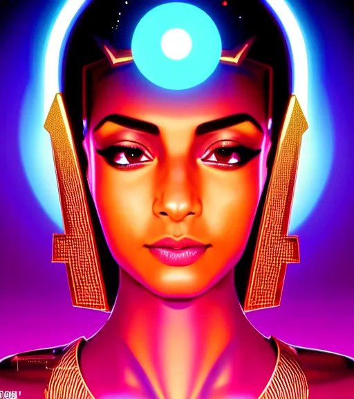 Image similar to symmetry!! egyptian princess of technology, solid cube of light, hard edges, product render retro - futuristic poster scifi, lasers and neon circuits, brown skin gorgeous egyptian princess, intricate, elegant, highly detailed, digital painting, artstation, concept art, smooth, sharp focus, illustration, dreamlike, art by artgerm