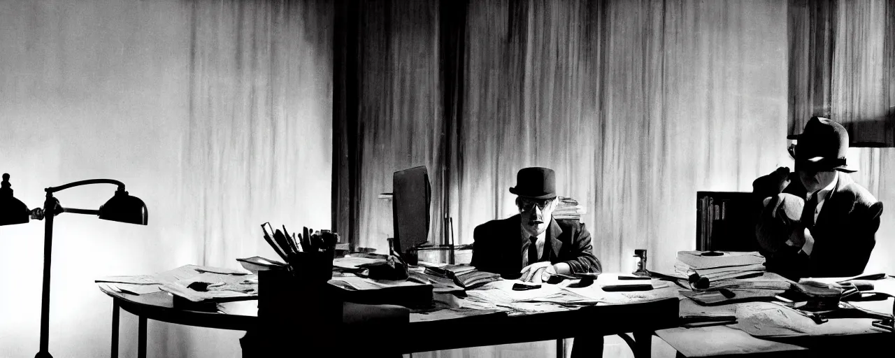 Prompt: film noir detective sitting in the dark at his desk, contrast lighting, black and white, by Frank Miller