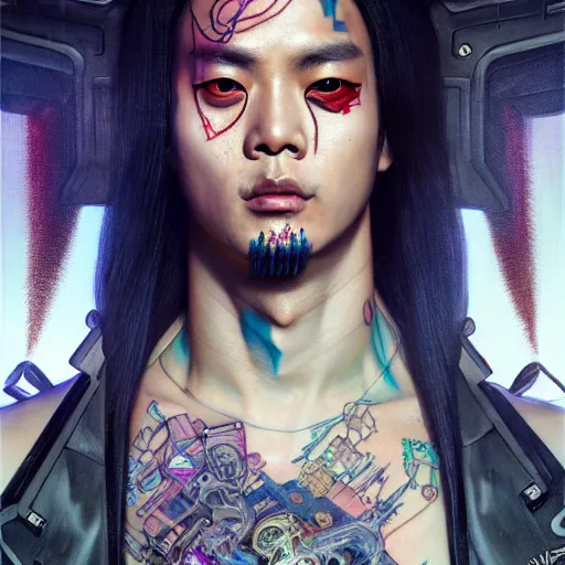 Image similar to portrait painting of a cyberpunk jackson wang with a z tattooed on his forehead, ultra realistic, concept art, intricate details, eerie, highly detailed, photorealistic, octane render, 8 k, unreal engine. art by artgerm and greg rutkowski and magali villeneuve and alphonse mucha