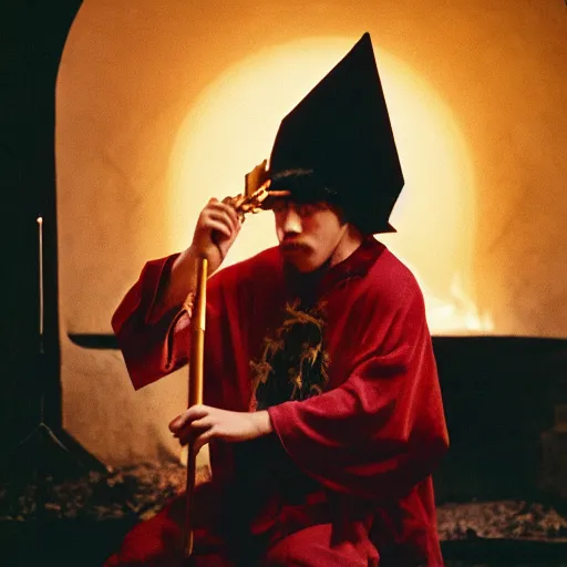 Prompt: a close up portrait of a wizard playing the flute, fireplace lighting, nighttime, kodak vision 5 0 0 t