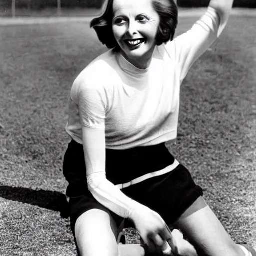 Image similar to a 1 9 2 8 portrait. happy, healthy, smiling, sporty, glowing greta garbo in athletic wear with big smile and healthy teeth.