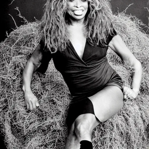 Prompt: tina turner in a turnip dress, turnip hair, photoshoot