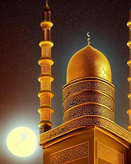 Image similar to beautiful mosque under a giant full moon, glowing arabic symbols, epic gold spires and towers, cinematic, dramatic lighting, extreme detail, artstation, sharp focus, masterpiece,