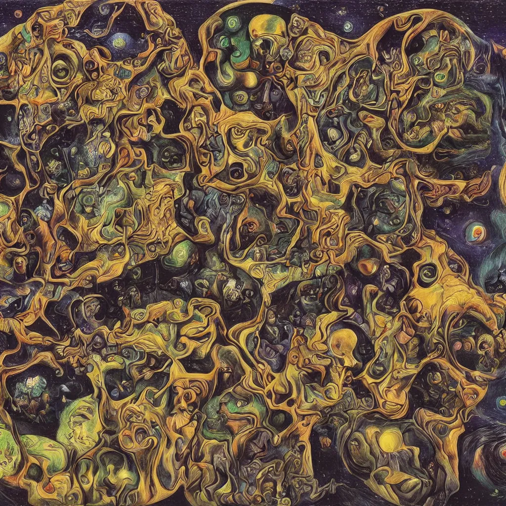 Image similar to intergalactic psychonaut unholy gathering, 4K, by collaboration of M. C. Escher and Salvador Dali and Van Gogh