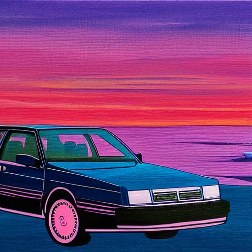 Prompt: an old 1 9 8 0 s car parked off the road, sunset, ocean in distance, pink, oil painting, pale colors, high detail, 8 k, wide angle, trending on artstation,
