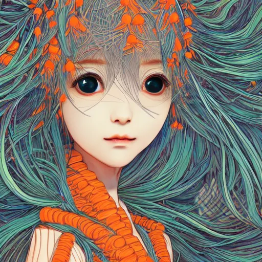 Image similar to the head of an incredibly cute and elegant japanese girl partially made of carrots and blueberries looking up, an ultrafine detailed illustration by james jean, final fantasy, intricate linework, bright colors, behance contest winner, vanitas, angular, altermodern, unreal engine 5 highly rendered, global illumination, radiant light, detailed and intricate environment