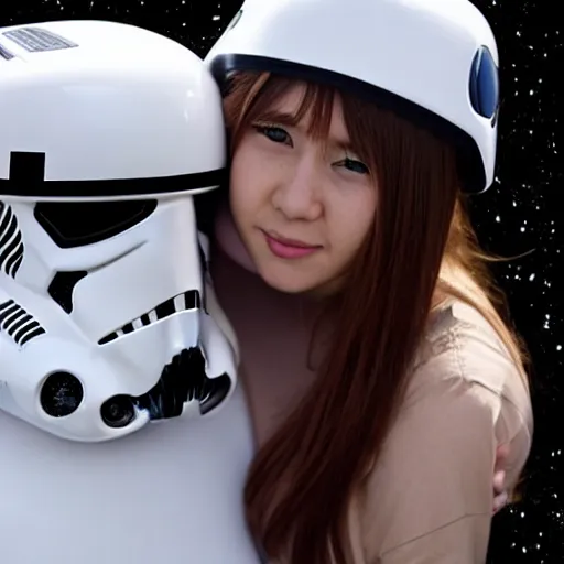 Image similar to a stormtrooper hugging an anime girl