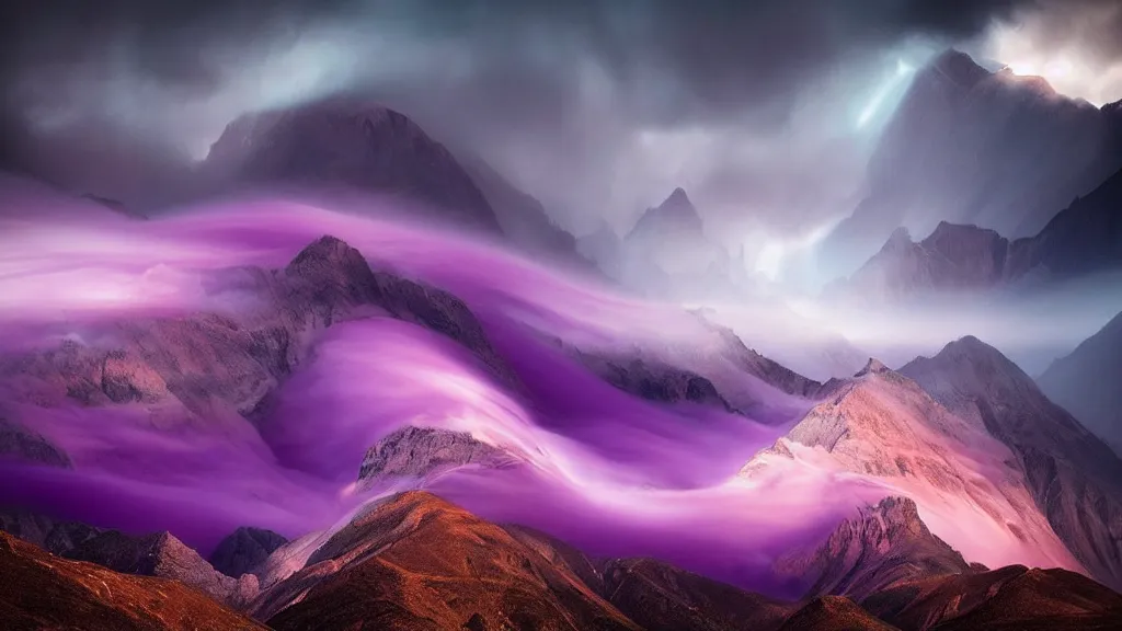 Image similar to amazing landscape photo of mountains with a purple tornado by marc adamus, beautiful dramatic lighting