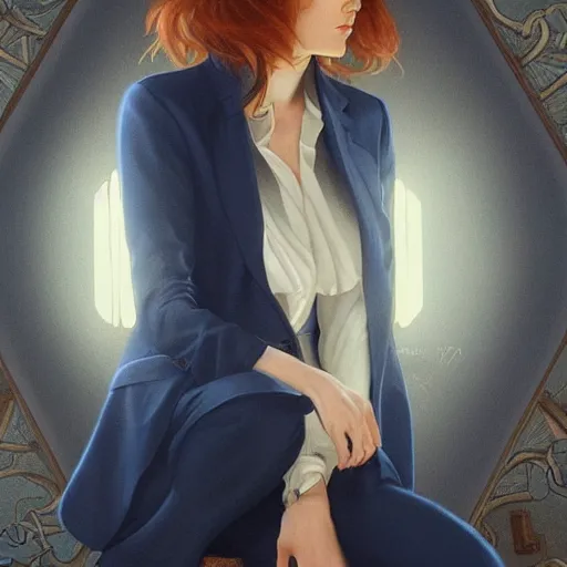 Image similar to full figure ultra realistic illustration, evan rachel wood wearing a navy blue pantsuit, auburn hair, intricate, elegant, highly detailed, digital painting, artstation, concept art, smooth, sharp focus, illustration, art by artgerm and greg rutkowski and alphonse mucha