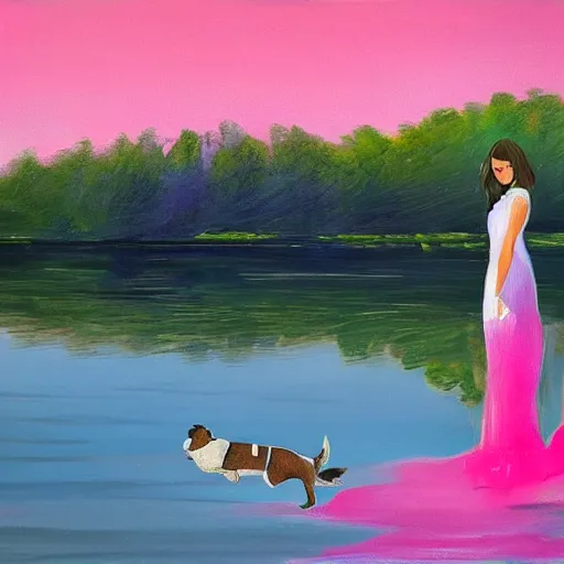 Prompt: a beautiful girl with a beautiful face wearing white dress, a dog, john martin landscape, lake evening, pink and blue colors