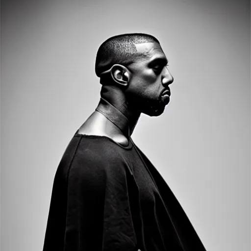 Image similar to a ( ( ( ( ( ( ( ( ( ( ( ( ( ( ( ( ( ( chiaroscuro lighting portrait ) ) ) ) ) ) ) ) ) ) ) ) ) ) ) ) ) of kanye west dressed as rick owens, black background, portrait by julia margaret cameron, shallow depth of field, 8 0 mm, f 1. 8