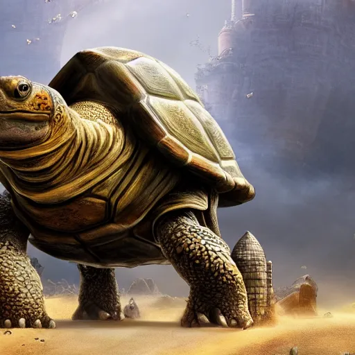 Image similar to gargantuan tortoise with a large fantasy castle armor walking through a sandy wasteland, distant shot centered birds eye view, fantasy, hyper detailed, 4 k, howls moving castle, mortal engines