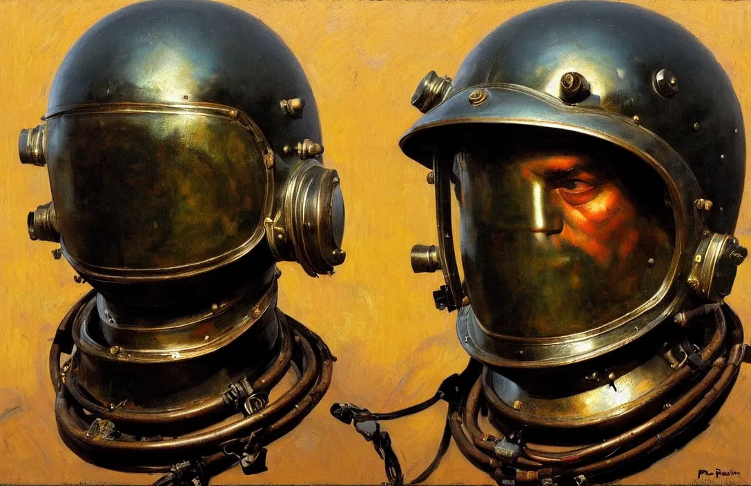 Image similar to portrait of deep sea diver helmet!!!!!!!!!!!!!!!!!!!!!!!!!!!, detailed face, detailed painting, epic lighting, by ilya repin, phil hale and kent williams