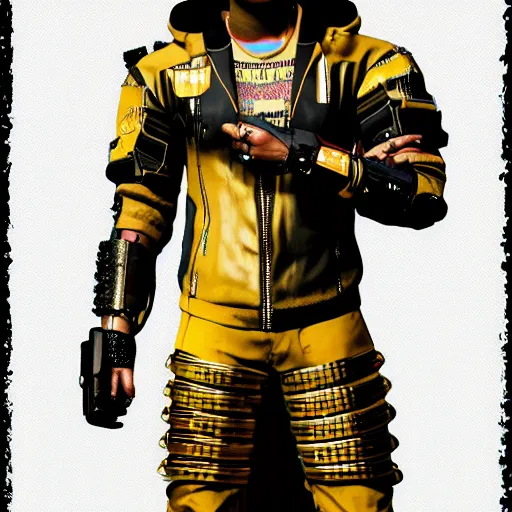 Prompt: cyberpunk 2077 full body portrait latino male gangster with gold robot metal Cyber Arm by Vladislav Ociacia neon chrome