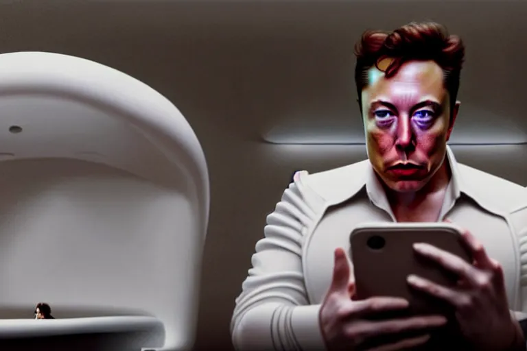 Image similar to hyperrealism aesthetic ridley scott and denis villeneuve style photography of a detailed hyperrealism elon musk, siting on a detailed hyperrealism toilet and scrolling his detailed smartphone in hyperrealism scene from detailed art house movie in style of alejandro jodorowsky and wes anderson