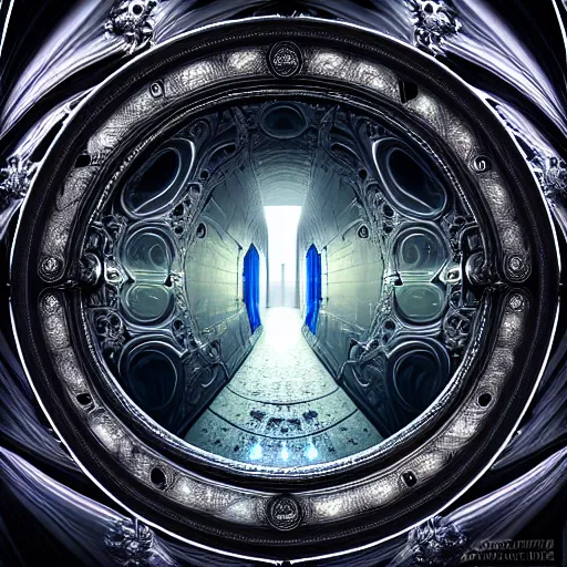 Image similar to open majestic portal to another dimension, with turbulent image of different time space, ethereal, sci fi, high filigree detail, intricate, giger!, beautiful reflective metals and reflections, photo realistic, 8 k