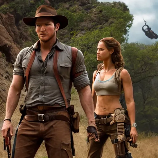Prompt: still from the movie with Indiana Jones (played by chris pratt), Lara Croft (played by Alicia Vikander) and Nathan Drake (played by tom holland), award-winning cinematography, 4k
