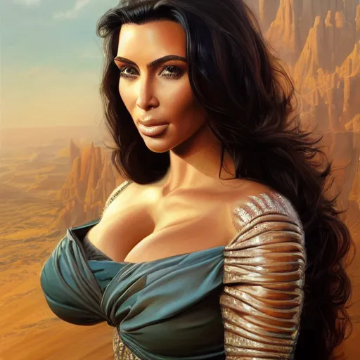 Image similar to epic portrait of kim kardashian, detailed, digital painting, artstation, concept art, donato giancola, joseph christian leyendecker, wlop, boris vallejo, breathtaking, high details, extremely detailed, establishing shot, artistic, hyper realistic, octane render