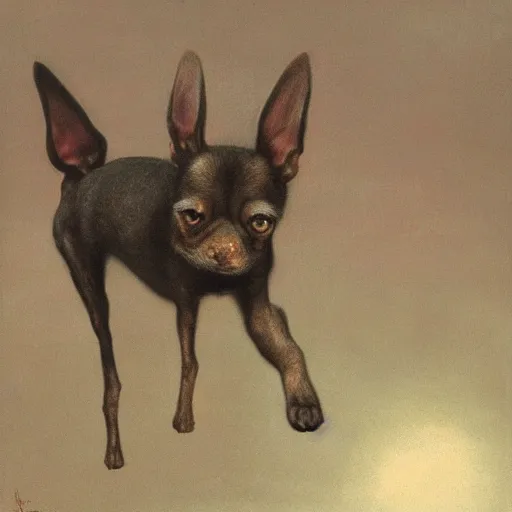 Image similar to an ominous beksinski painting of an enormous Chihuahua, 8k