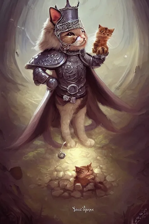 Image similar to cute little anthropomorphic cat knight wearing a cape and a crown, tiny, small, miniature cat , baby animal, short, pale blue armor, cute and adorable, pretty, beautiful, DnD character art portrait, matte fantasy painting, DeviantArt Artstation, by Jason Felix by Steve Argyle by Tyler Jacobson by Peter Mohrbacher, cinematic lighting