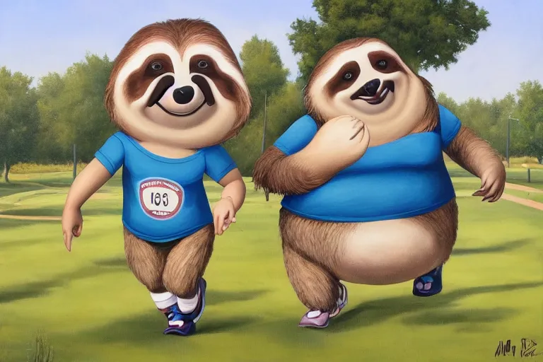 Prompt: anthro fat sloth going for a run in the park, wearing running sneakers and a muscle tee - shirt, dynamic active running pose, an ultrafine detailed painting by mark ryden, trending on deviantart, pop surrealism, whimsical, lowbrow, grotesque