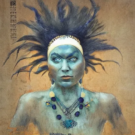 Image similar to A young blindfolded shaman woman with a decorated headband, in the style of heilung, blue hair dreadlocks and wood on her head., made by karol bak