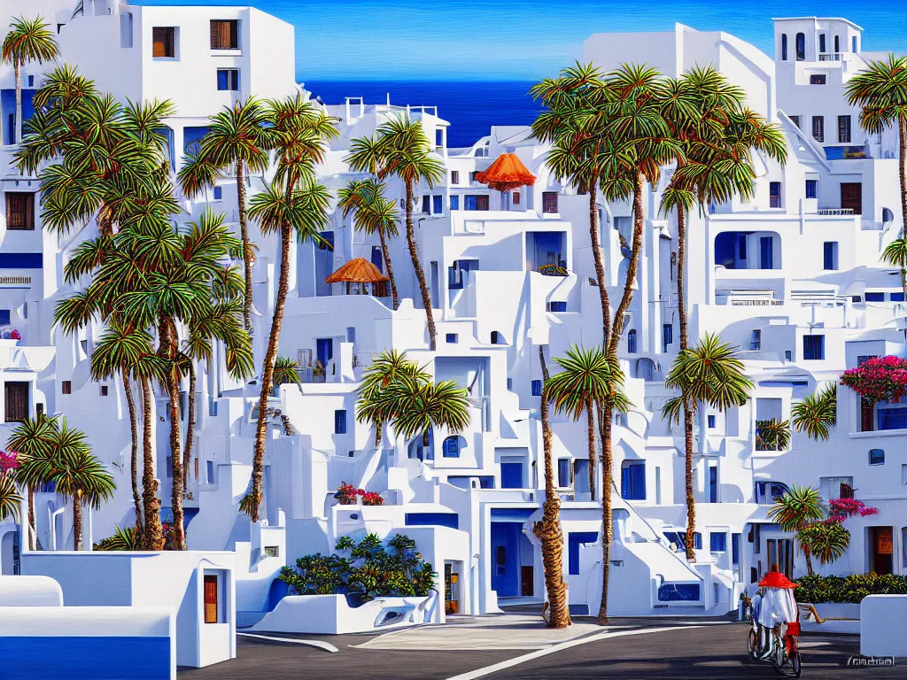 Prompt: hyperrealistic painting of lanzarote, mechanical designs, white houses and palms, technological, detailed engineering, vivid color, elegant, meticulous, cinematic, cyberpunk style, highly detailed, realism, intricate, acrylic on canvas, 8 k resolution, concept art, by noriyoshi ohrai, francesco di giorgio martini