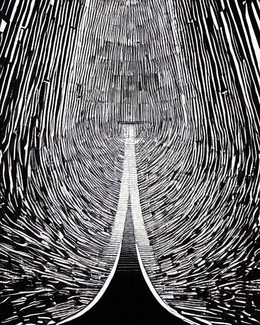 Prompt: inside the giant mouth the temple within yoshitaka amano, stanley donwood