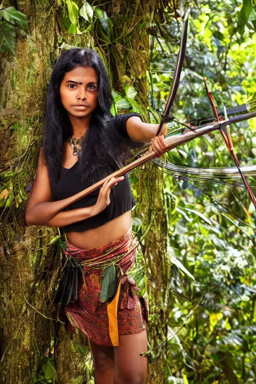 Image similar to a professional photo of a sri lankan jungle girl, black hair, hunter, with bow and arrow, covered in leaves, extremely high fidelity. key light.