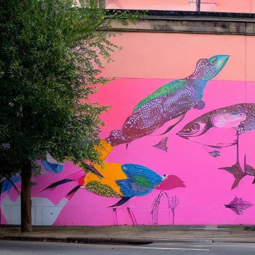 Prompt: a huge mural in pink and orange, showing a miriad of mixing birds and fish, urban Street art