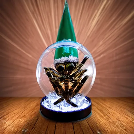 Image similar to a metal spider with a gnome snow globe head, professional lighting