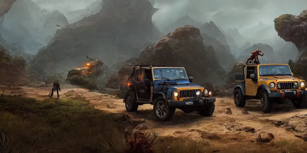 Image similar to Mahindra thar, furious chasing, action scene, an epic fantasy, dramatic lighting, cinematic, establishing shot, extremely high detail, photorealistic, cinematic lighting, matte painting, artstation, by simon stalenhag, Uncharted 4: A Thief's End