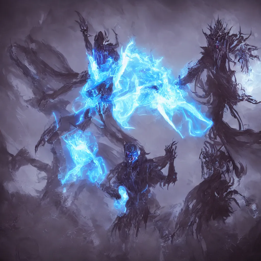 Image similar to character design, dark arcanist, blue lightning, blue mist, scary, photorealistic, unreal engine, hellish background, ultra detail, ultra realistic