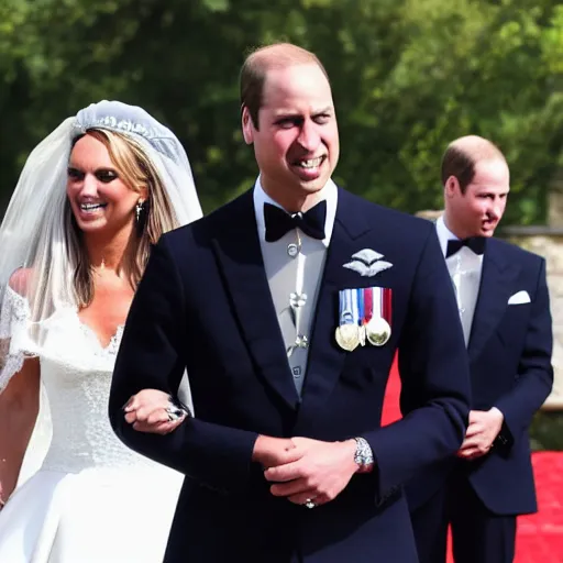 Image similar to detailed close up photos the duke of cambridge prince william marrying american popstar britney spears, happy couple, human, wedding photos on instagram, official photos, wedding photo