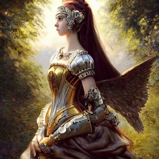 Image similar to A masterpiece ultrarealistic ultradetailed portrait of a Incredibly beautiful angel armored princess knight with Iron mask. baroque renaissance girl in the forest. medium shot, intricate, elegant, highly detailed. trending on artstation, digital art, by Stanley Artgerm Lau, WLOP, Rossdraws, James Jean, Andrei Riabovitchev, Marc Simonetti, Yoshitaka Amano. background by James Jean and Gustav Klimt, light by Julie Bell, 4k, porcelain skin. BY ZDIZISLAW BEKSINSKI Cinematic concept art