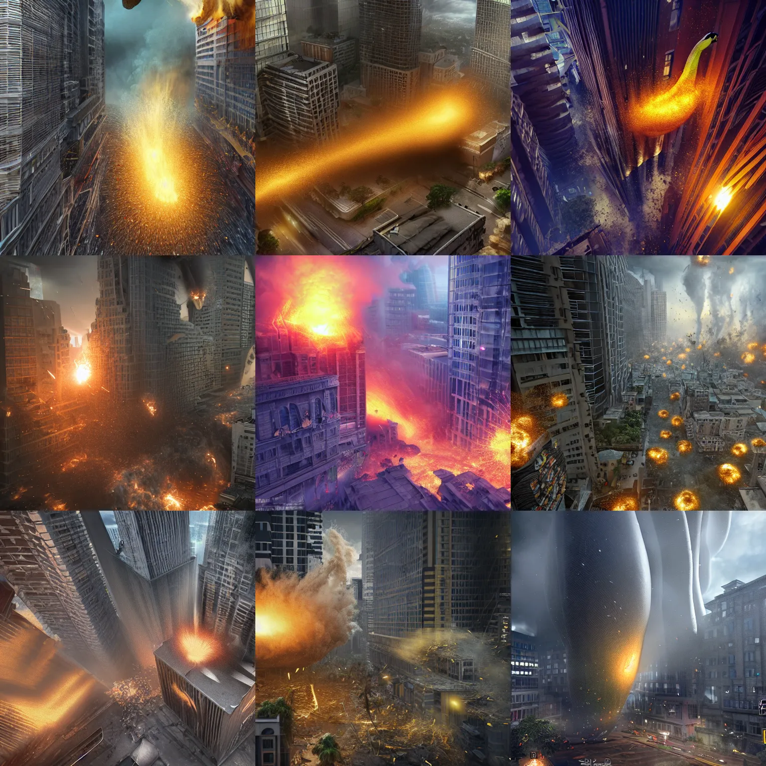 Prompt: news camera footage of giant bananas falling into and exploding buildings, dim volumetric lighting, 8 k octane beautifully detailed render, post - processing, extremely hyper - detailed, intricate, epic composition, giant bananas natural disaster, cinematic lighting, masterpiece, trending on artstation, detailed detailed detailed, masterpiece, stunning