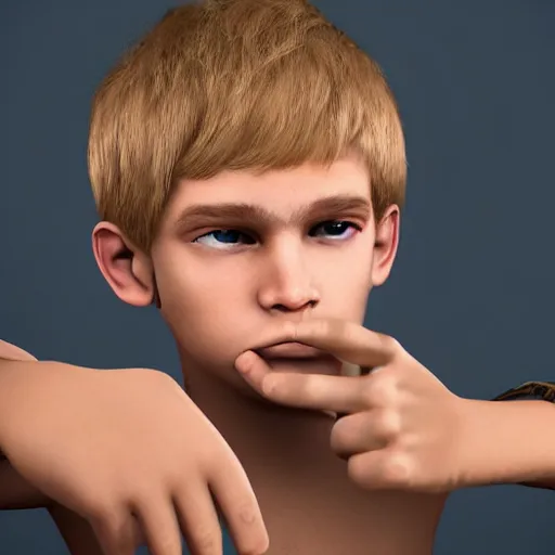 Image similar to portrait of a boy with his hand on his face, extremely realistic and real, photorealistic, blonde hair and blue eyes, detailed facial structure, real eyes that are detailed