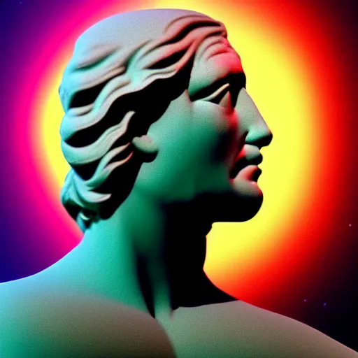 Image similar to 3 d sci - fi cgartist double exposure rendering of a hyper realistic marble greek statuary bust floating in space, at the vast pulsating interdimensional fractal space portal at the psychedelic vaporwave ombre event horizon by chris moore, by edward hopper, by col price, trending on artstation
