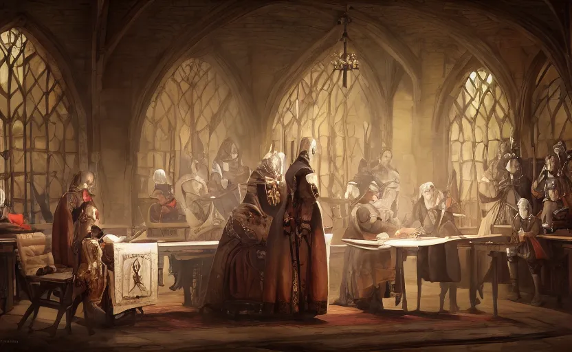 Prompt: a medieval king signing a document in a royal hall, game character concept art, wide view, high detailed, full perfect, detailed faces, symmetrical portrait, high detail, unreal engine, octane rendered, 8 k, dark beauty, trending on artstation