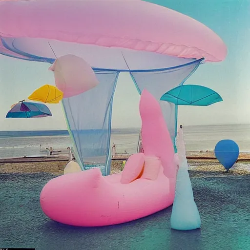 Image similar to a pastel colour high fidelity wide angle Polaroid art photo from a holiday album at a seaside with abstract inflatable parachute furniture, all objects made of transparent iridescent Perspex and metallic silver, no people, iridescence, nostalgic