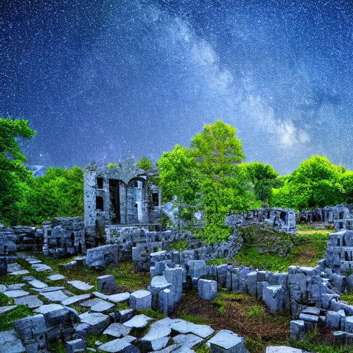 Image similar to the ruins of a village made out of stone in a forest of blue trees at night, a night sky filled with stars