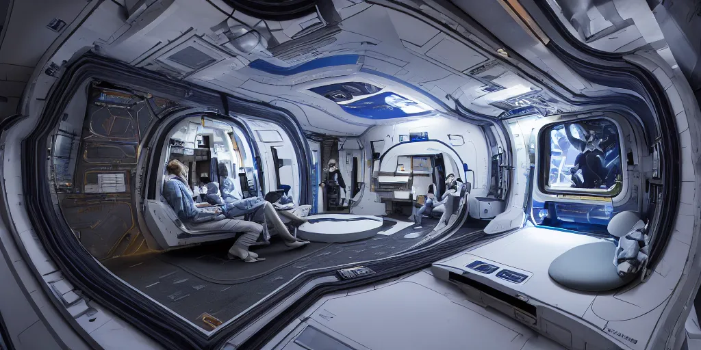 Image similar to inside a tourist module for the iss designed by zaha hadid, cinematic lighting, deep focus, sharp focus, golden ratio, dramatic illumination, hdr, ultra realistic, 8 k, highly detailed, trending on artstation, epic composition, by caravaggio, by artemisia lomi gentileschi