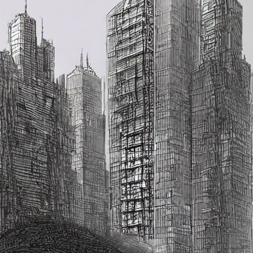 Image similar to concept art of a huge cat - like building in the middle of a city, by moebius