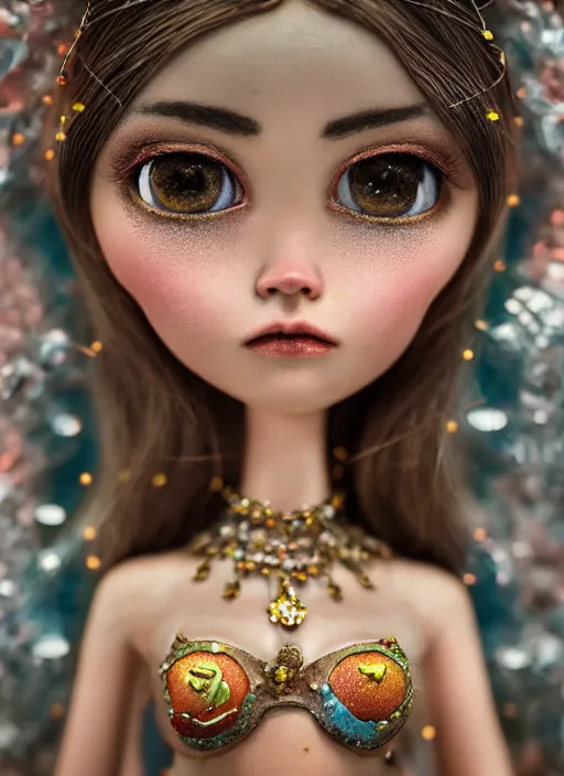 Image similar to closeup profile portrait of tin toy fairytale princess ice snow bikini girl, depth of field, zeiss lens, detailed, symmetrical, centered, fashion photoshoot, by nicoletta ceccoli, mark ryden, lostfish, breathtaking, 8 k resolution, extremely detailed, beautiful, establishing shot, artistic, hyperrealistic, octane render