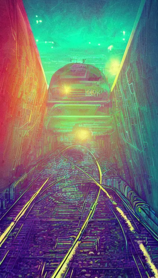 Prompt: a train driving through a psychedelic tunnel, by beeple,