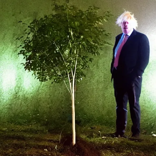 Image similar to Trail Cam footage of Boris Johnson Stealing a small tree sapling at nightime