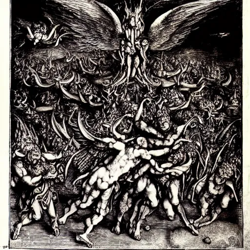 Image similar to vision of hell with winged demons flying over the flames, art by albrecht durer