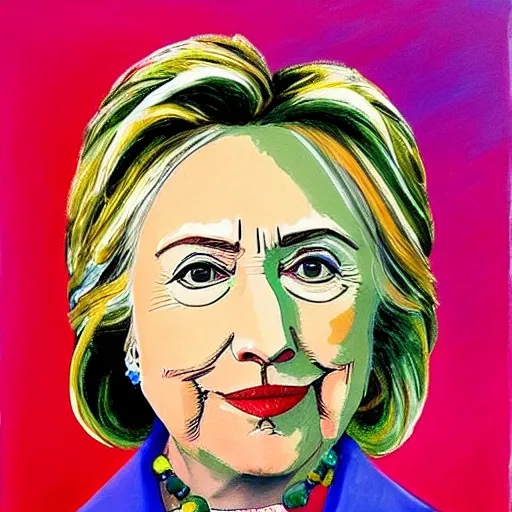 Image similar to very very very colorful portrait of hillary clinton wearing a beautiful necklace, painted by mark rothko
