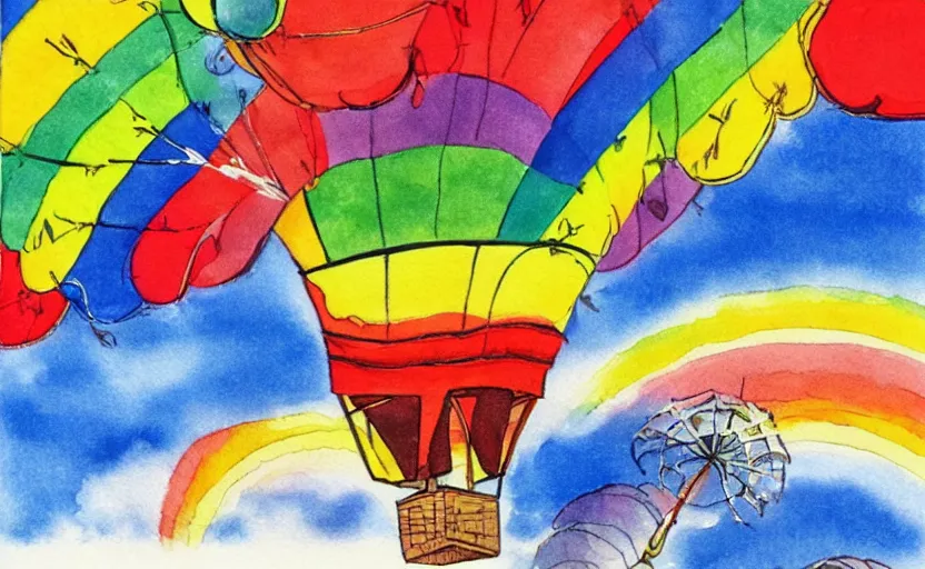 Image similar to hot air balloon flying through the sky, double rainbow, illustration by dr seuss, oh! the places you'll go, watercolor